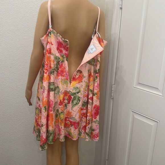 DB Studio Floral Lace Midi Length Flower Dress Spaghetti Strap Sleeve Pink Red - Picture 7 of 10